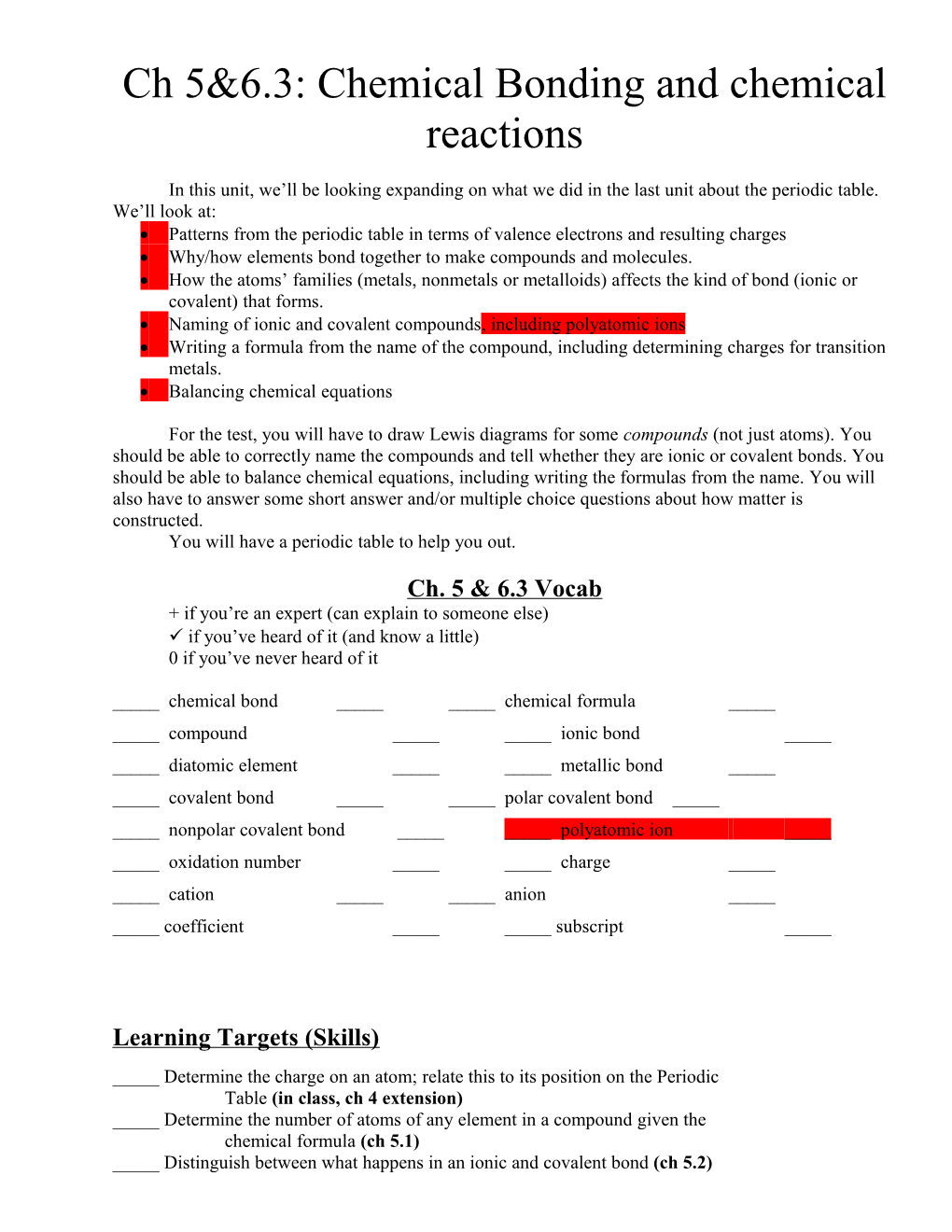 Ch 5&6.3: Chemical Bonding and Chemical Reactions