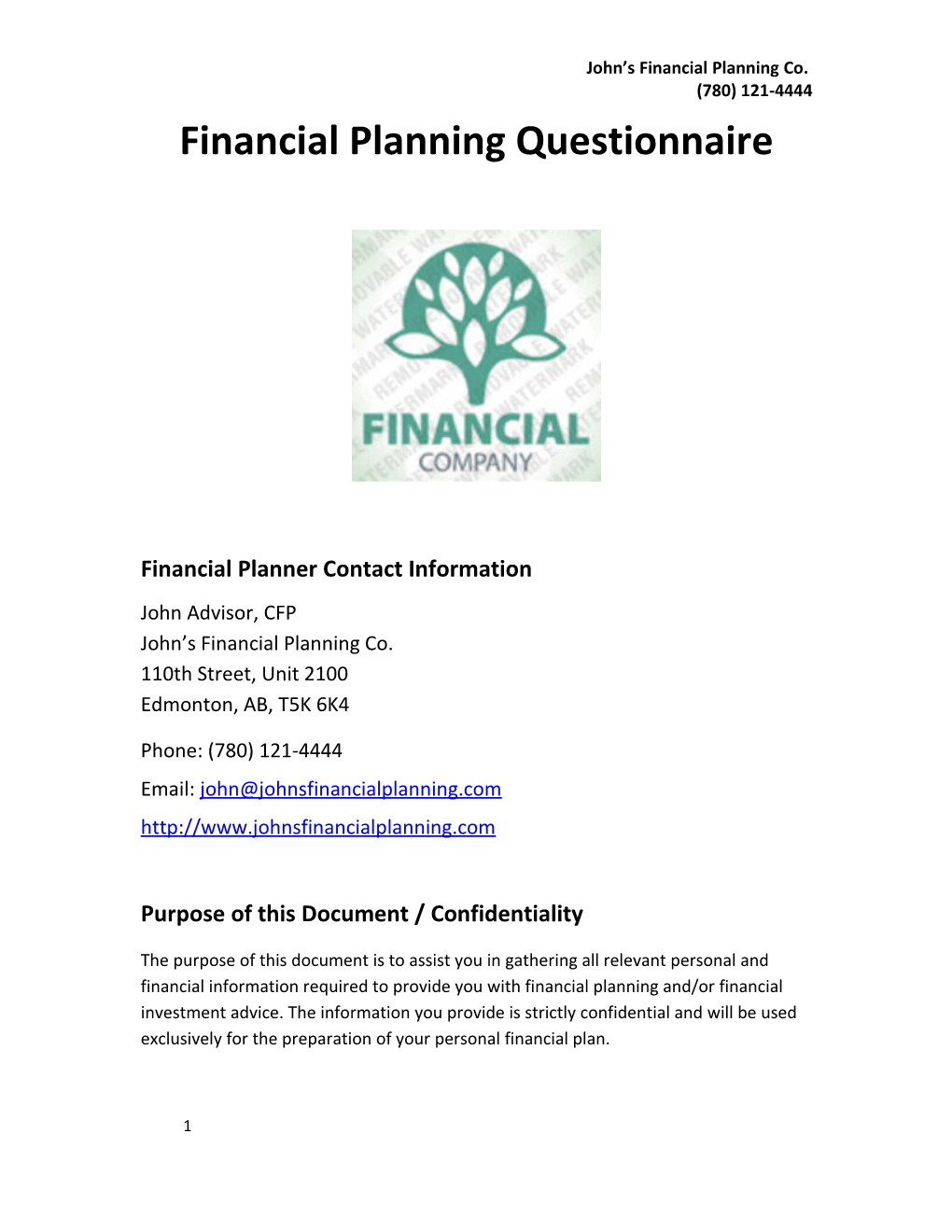 Financial Planner Contact Information