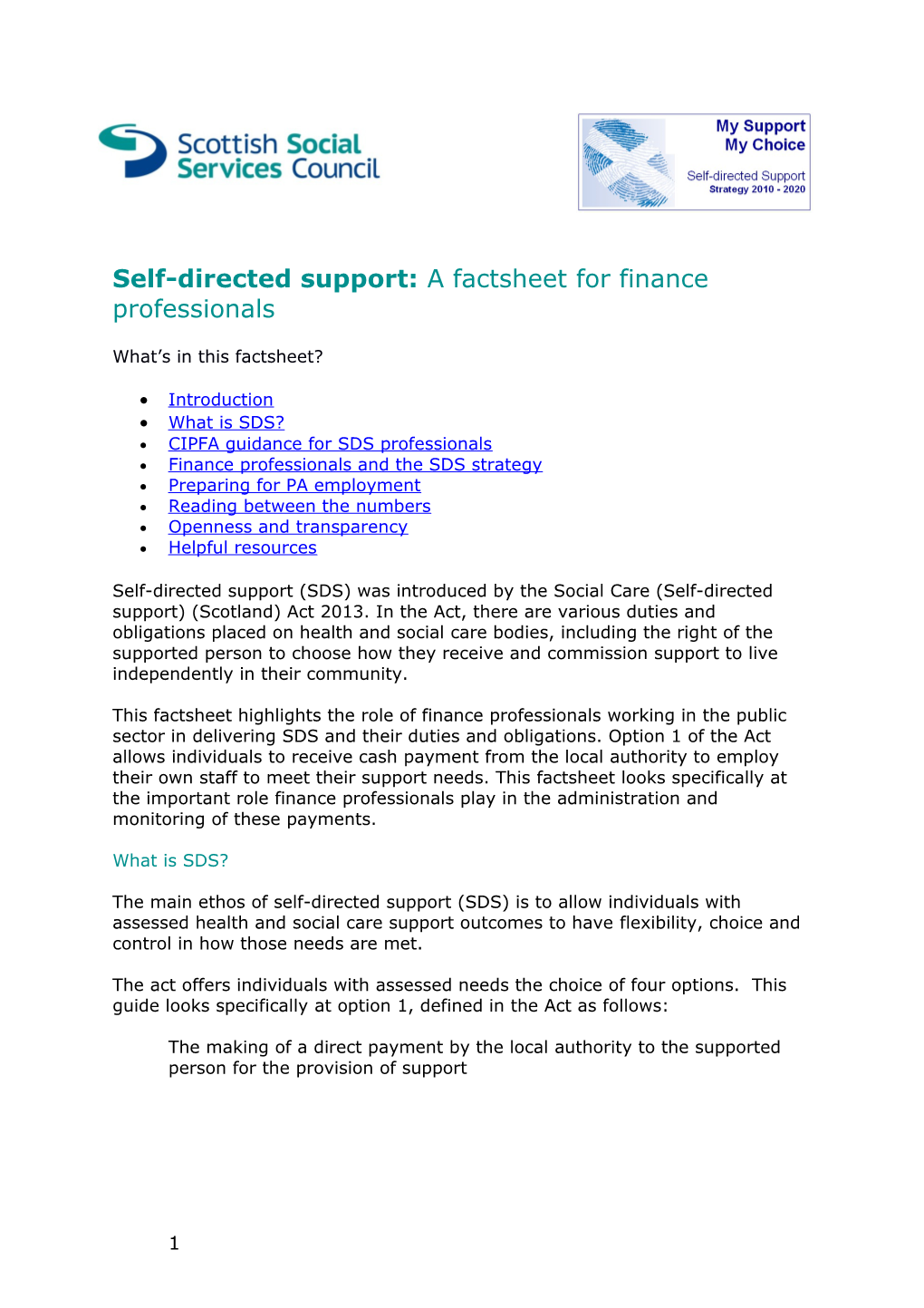 Self-Directed Support: a Factsheet for Finance Professionals