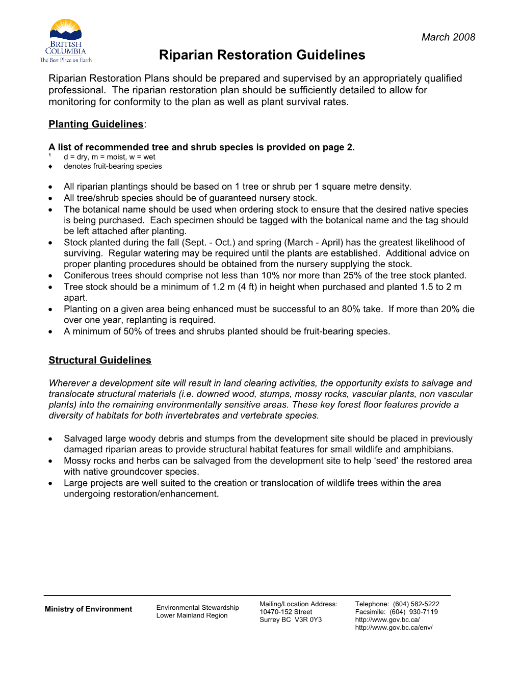 Riparian Planting Guidelines and Recommended Speciespage 1 of 2