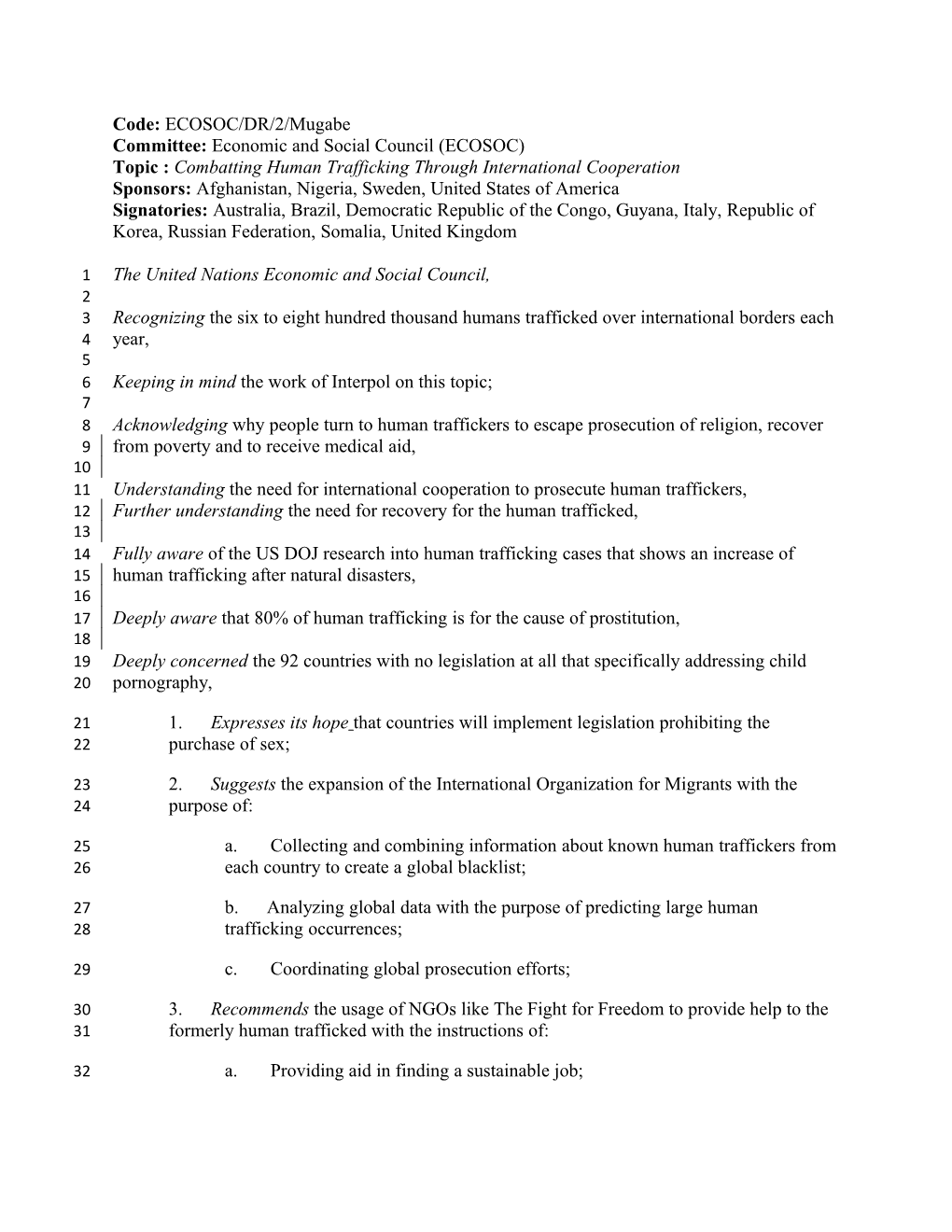 Committee: Economic and Social Council (ECOSOC)