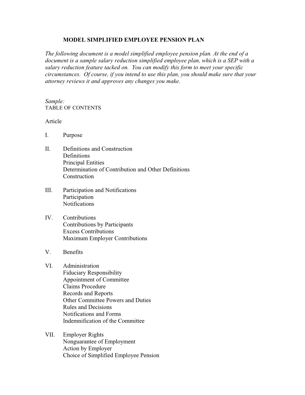 Model Simplified Employee Pension Plan