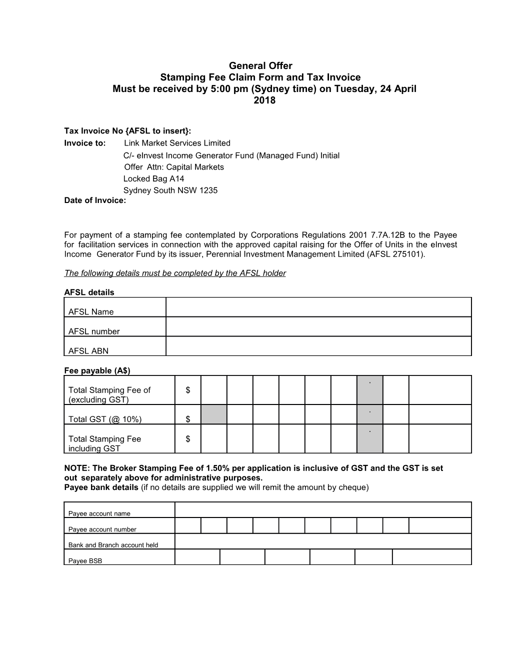 Stampingfee Claimform and Taxinvoice