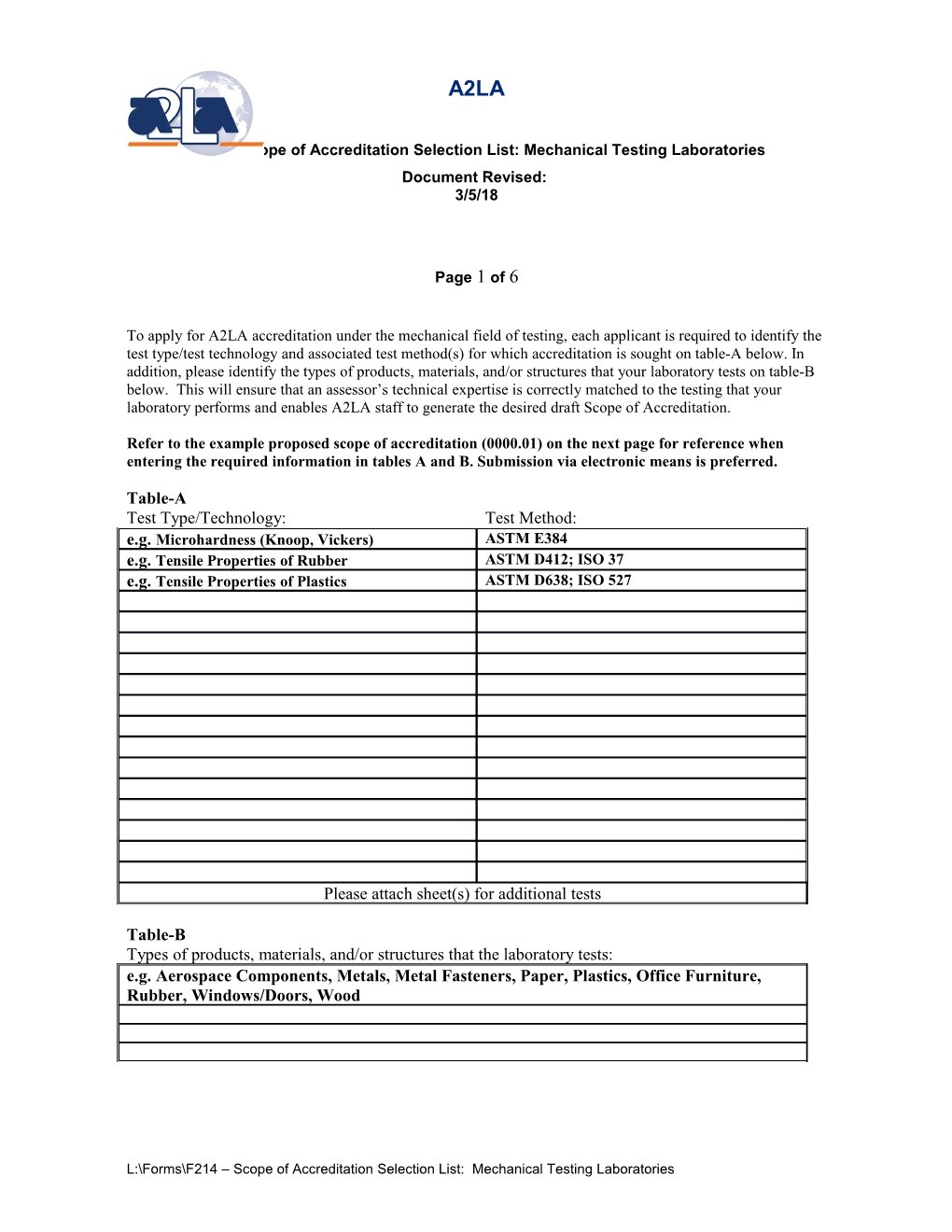 To Apply for A2LA Accreditation Under the Mechanical Field of Testing, Each Applicant Must