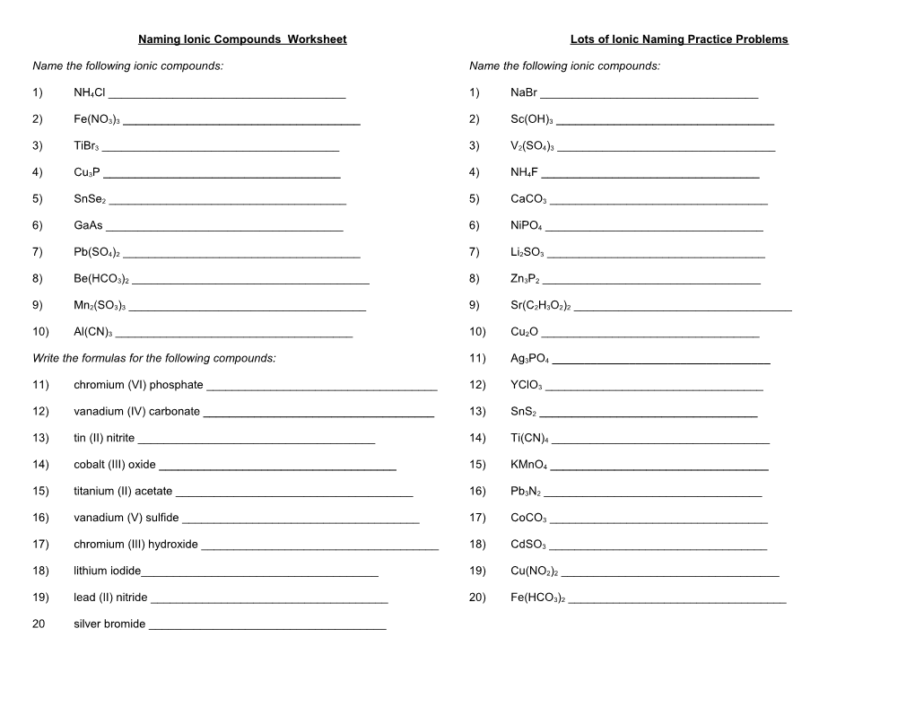 Naming Ionic Compounds Practice Worksheet