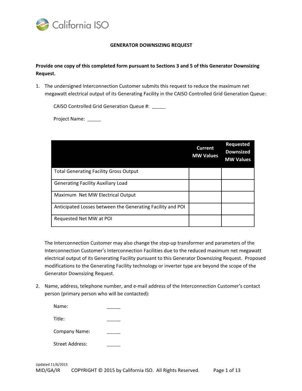 Generator Downsizing Request Form