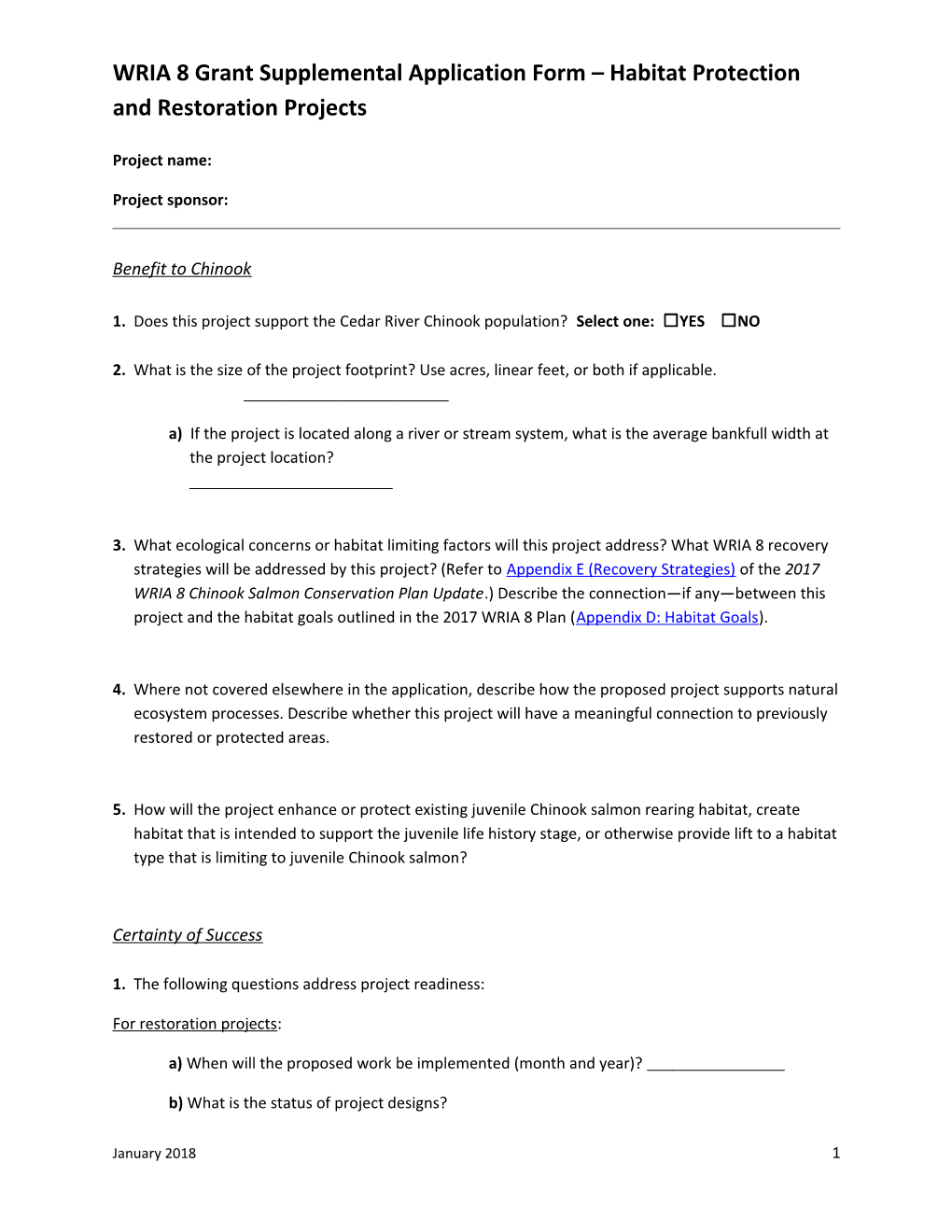 WRIA 8 Grant Application Supplemental Form