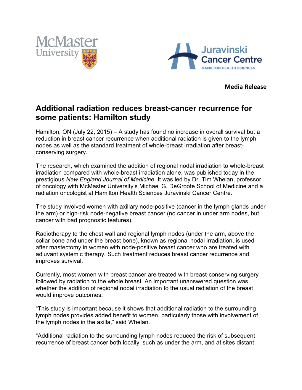 Additional Radiation Reduces Breast-Cancer Recurrence for Some Patients: Hamiltonstudy