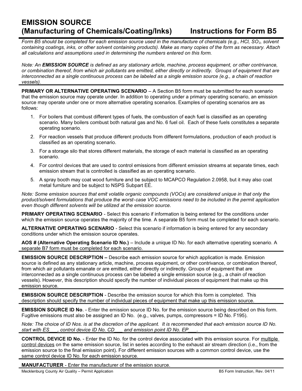 (Manufacturing of Chemicals/Coating/Inks) Instructions for Form B5