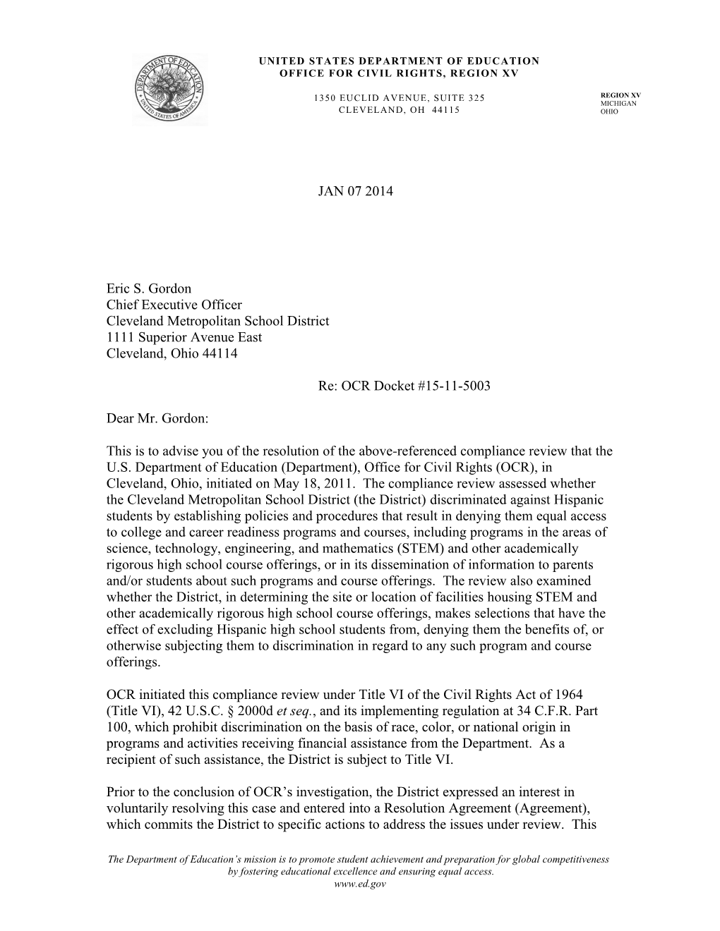 Resolution Letter to Cleveland Metropolitan School District, Ohio: Compliance Review #15-11-5003