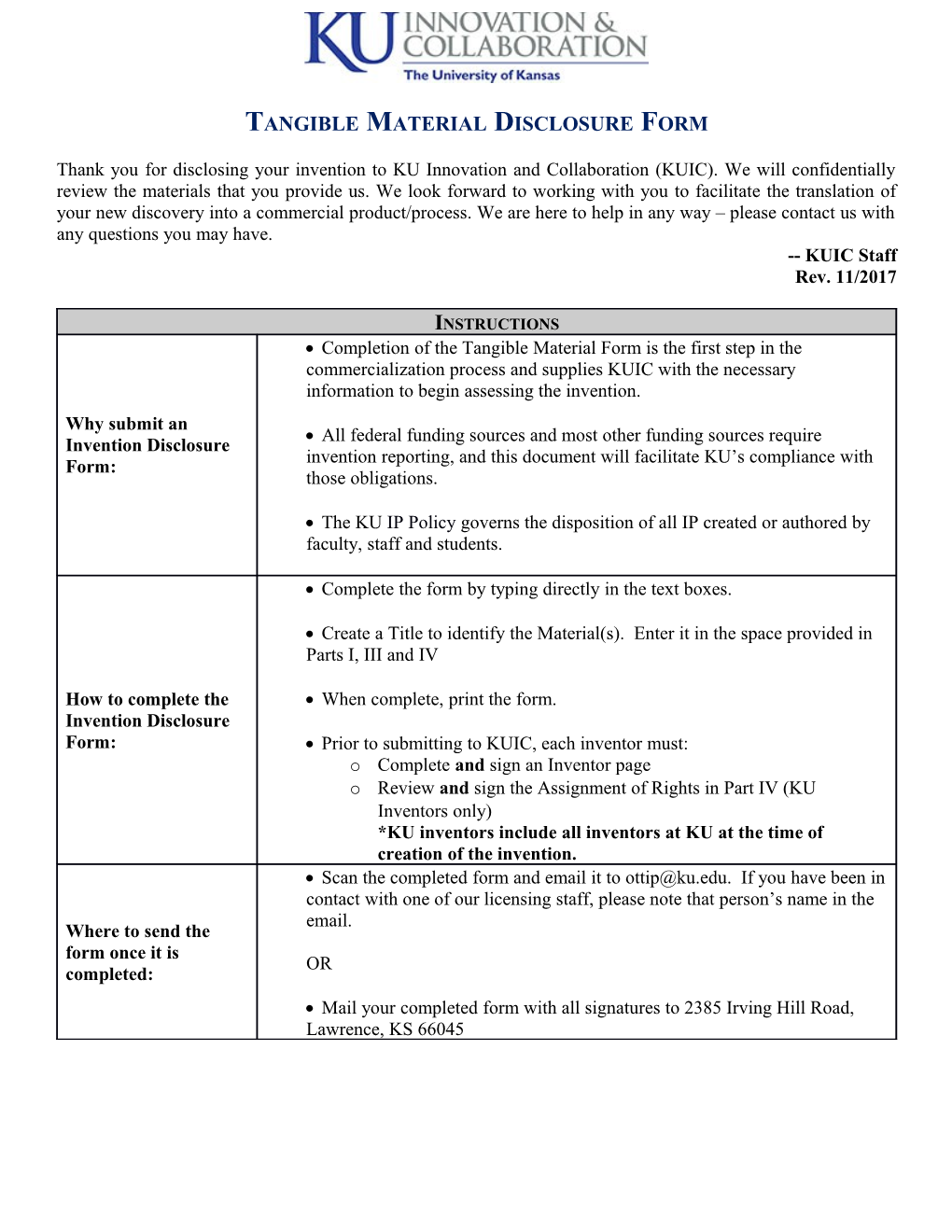 Tangible Material Disclosure Form