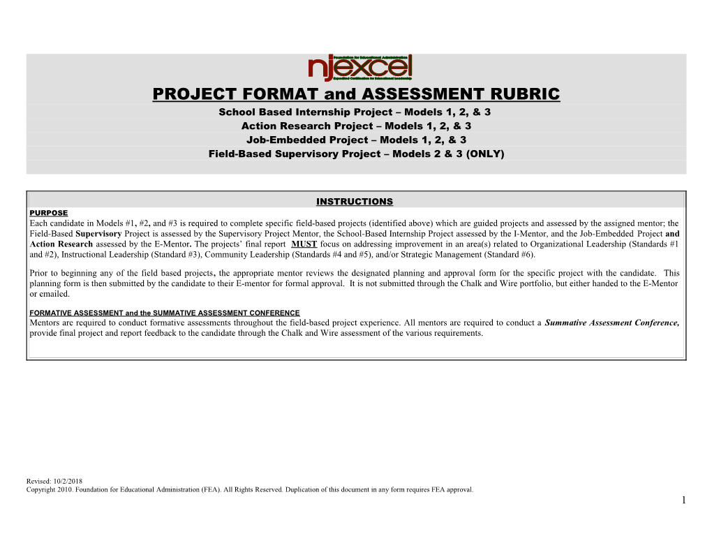 School-Based Internship Project Format, Rubric