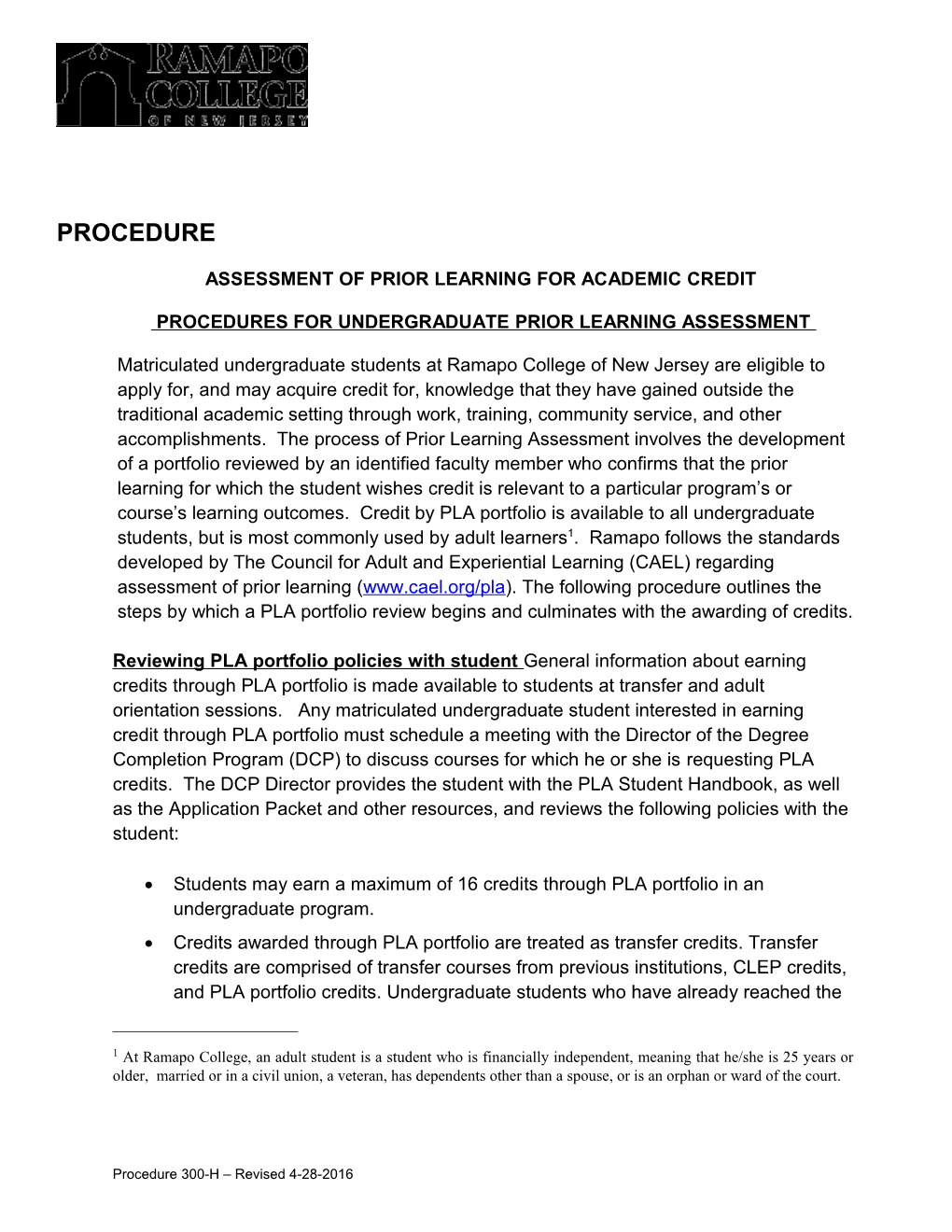 Assessment of Prior Learning for Academic Credit