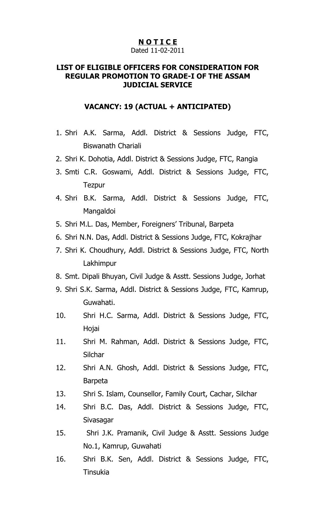 List of Eligible Officers for Consideration for Regular Promotion to Grade-I of the Assam