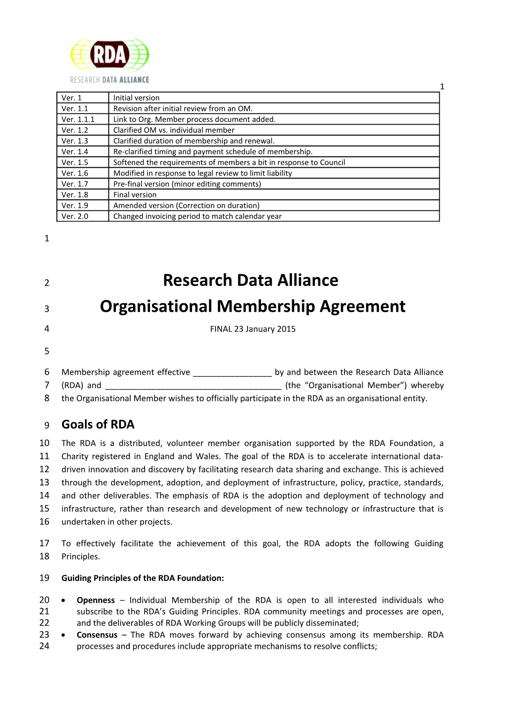 Research Data Alliance Organisational Membership Agreement