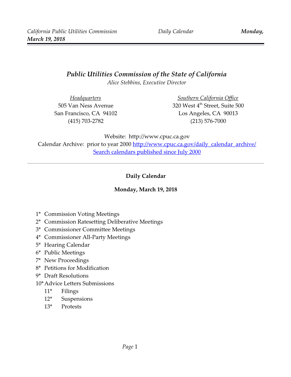 California Public Utilities Commission Daily Calendar Monday, March 19, 2018