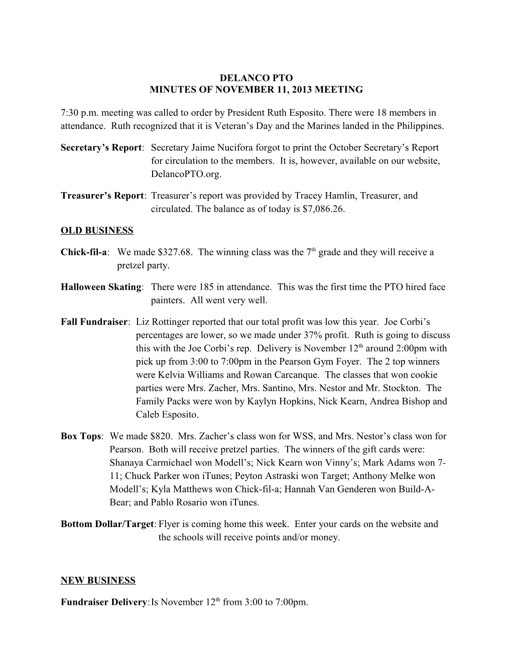 Minutes of November 11, 2013 Meeting
