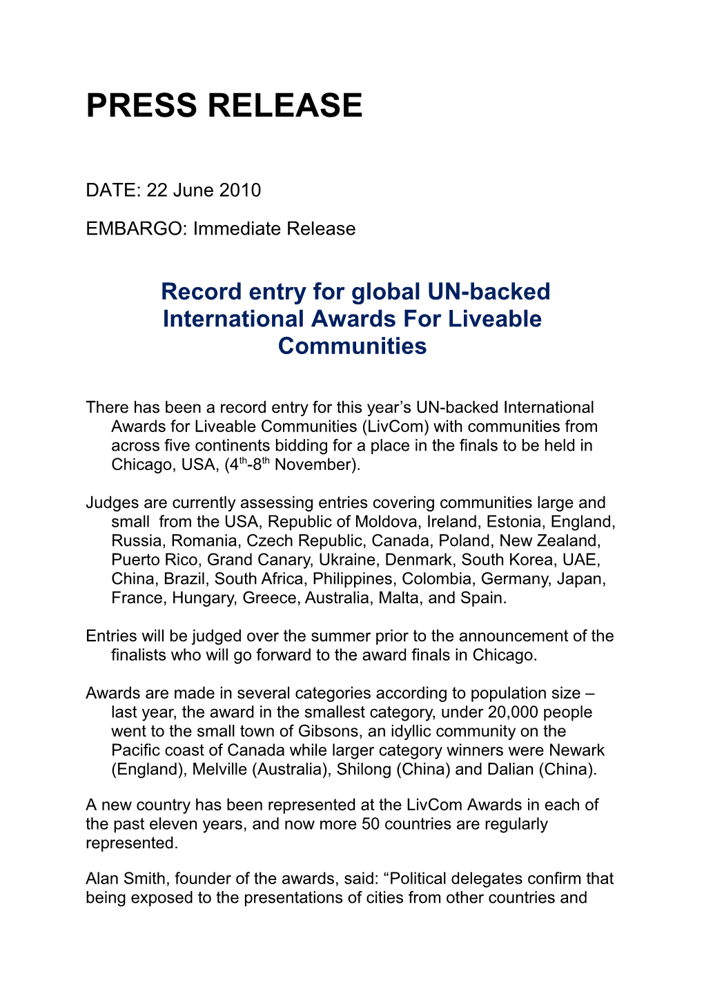 Record Entry for Global UN-Backed International Awardsfor Liveable Communities