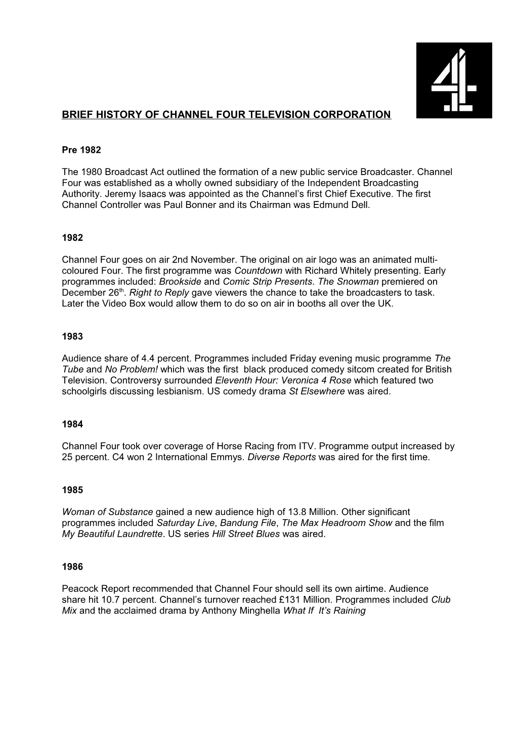 Brief History of Channel Four Television Corporation