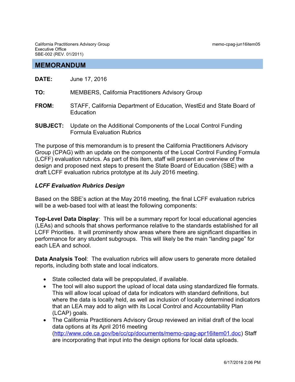 June 2016 Memorandum CPAG Item 05 - Information Memorandum (CA State Board of Education)