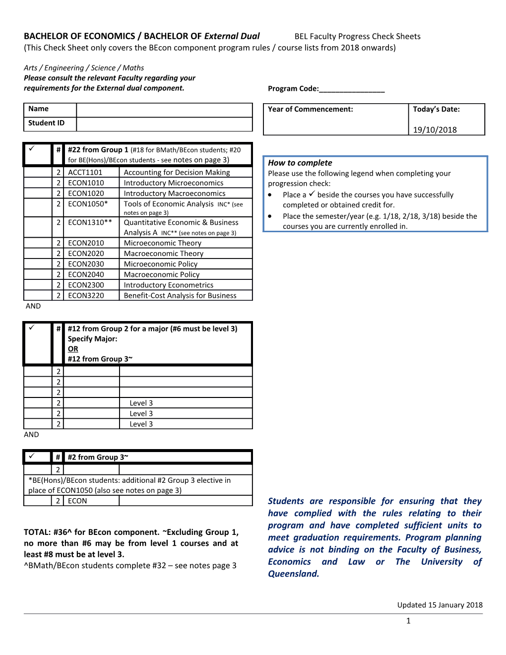 BACHELOR of ECONOMICS / BACHELOR of External Dual BEL Faculty Progress Check Sheets