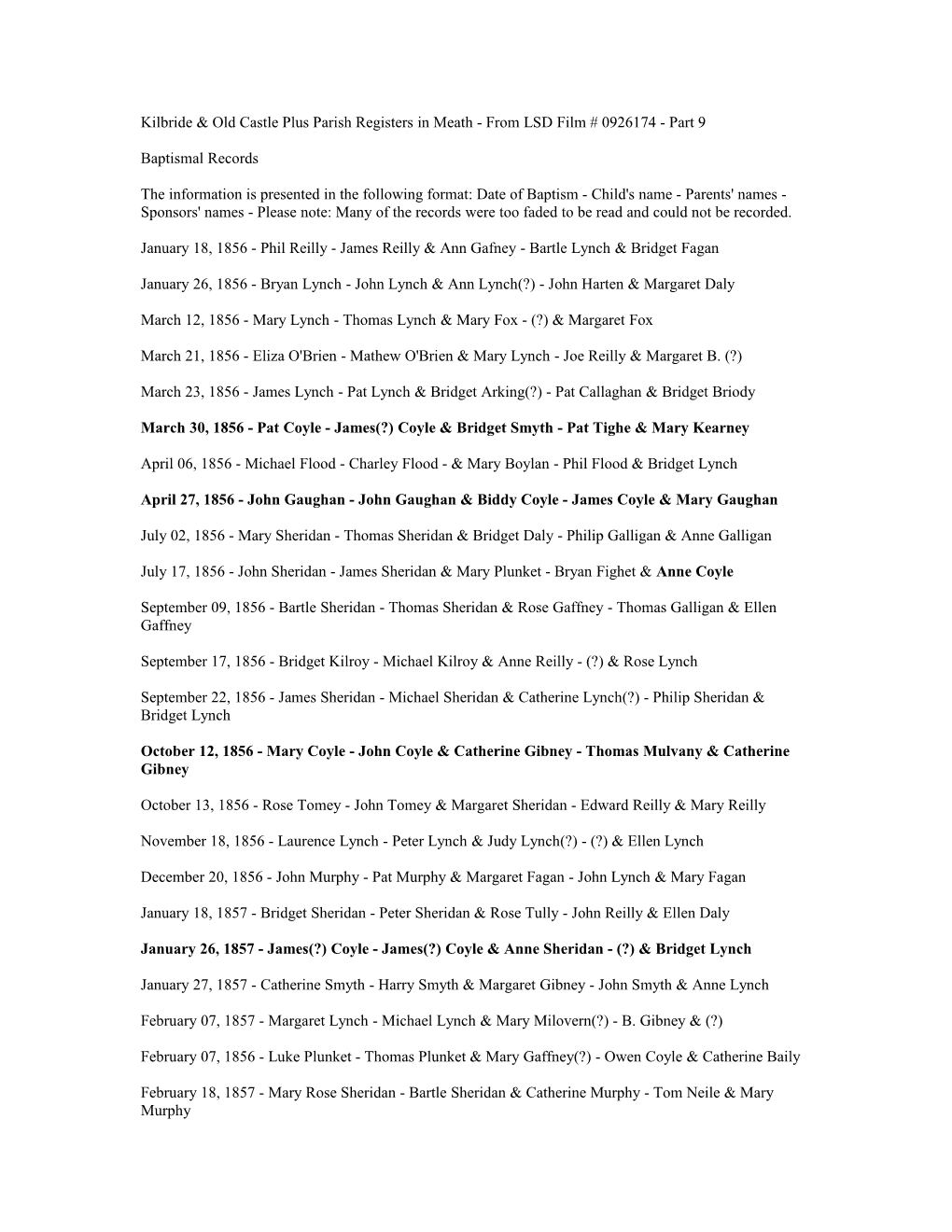 Kilbride & Old Castle Plus Parish Registers in Meath - from LSD Film # 0926174 - Part 9