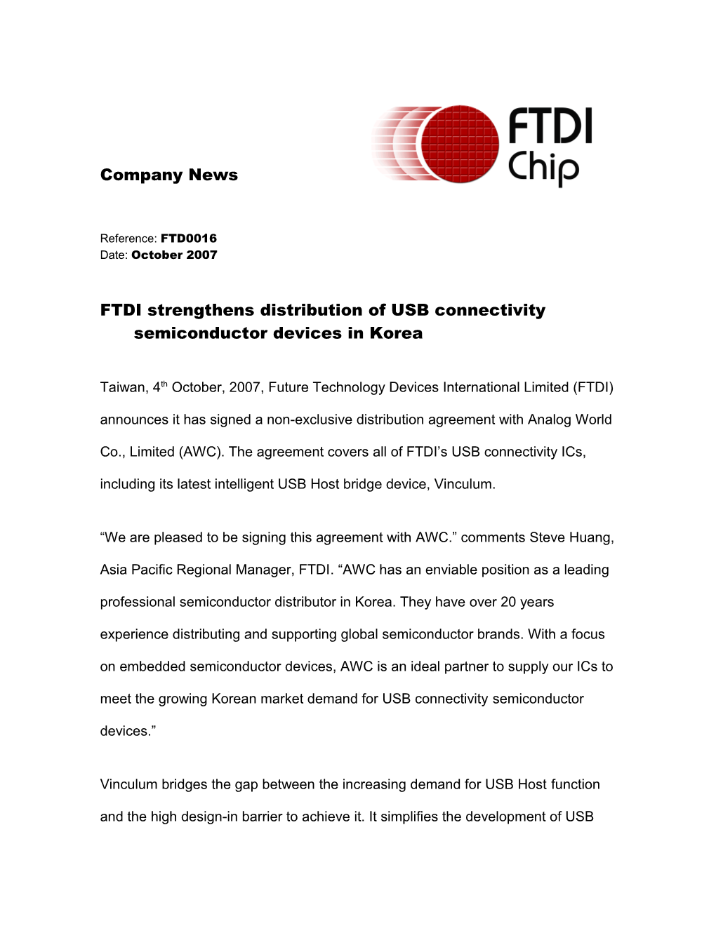 FTDI Strengthens Distribution of USB Connectivity Semiconductor Devices in Korea
