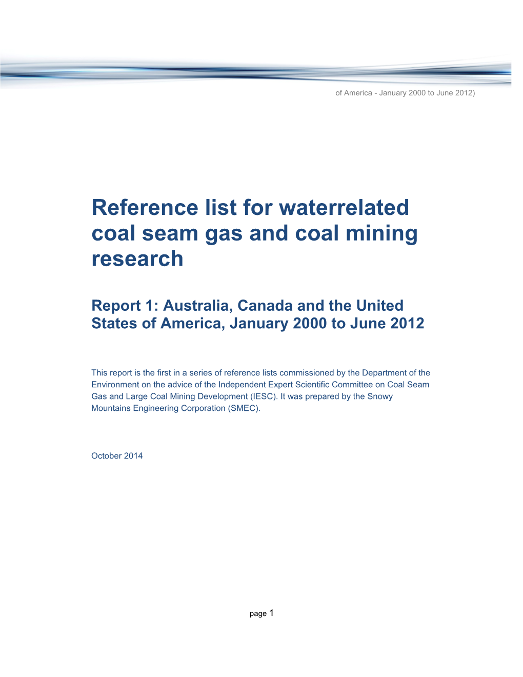 Reference List for Water Related Coal Seam Gas and Coal Mining Research - Report 1: Australia