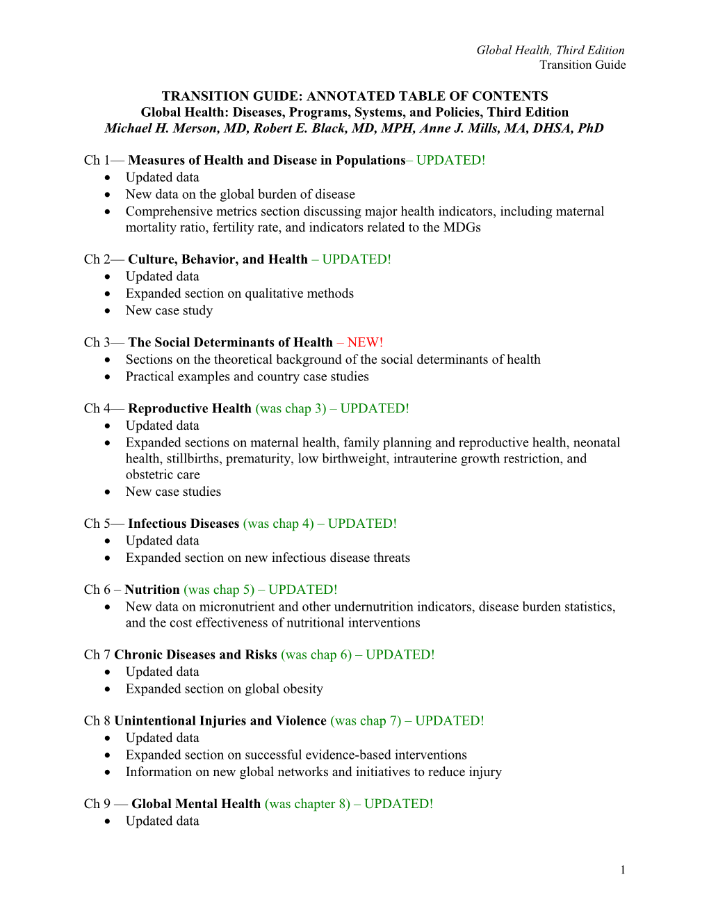 Transition Guide: Annotated Table of Contents