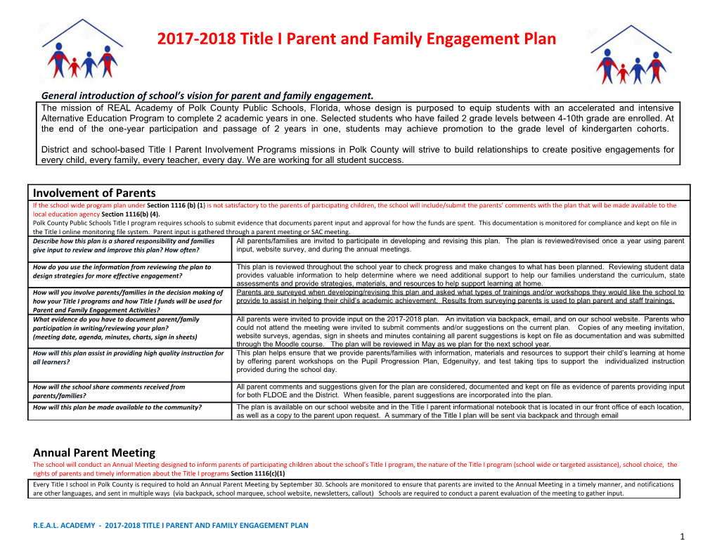 2017-2018 Title I Parent and Family Engagement Plan