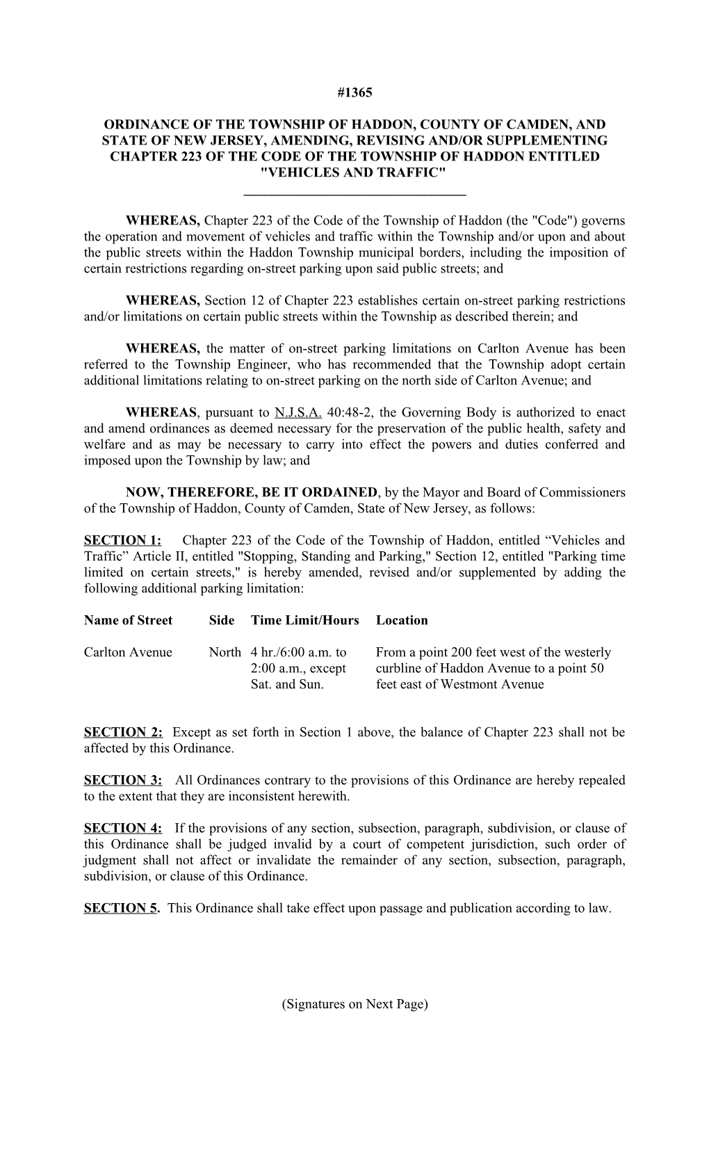 Ordinance of the Township of Haddon, County of Camden,And State of New Jersey, Amending