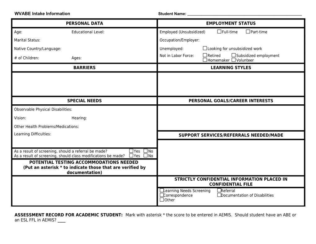 WVABE Intake Informationstudent Name