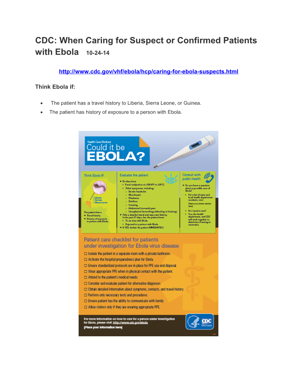 CDC: When Caring for Suspect Or Confirmed Patients with Ebola 10-24-14