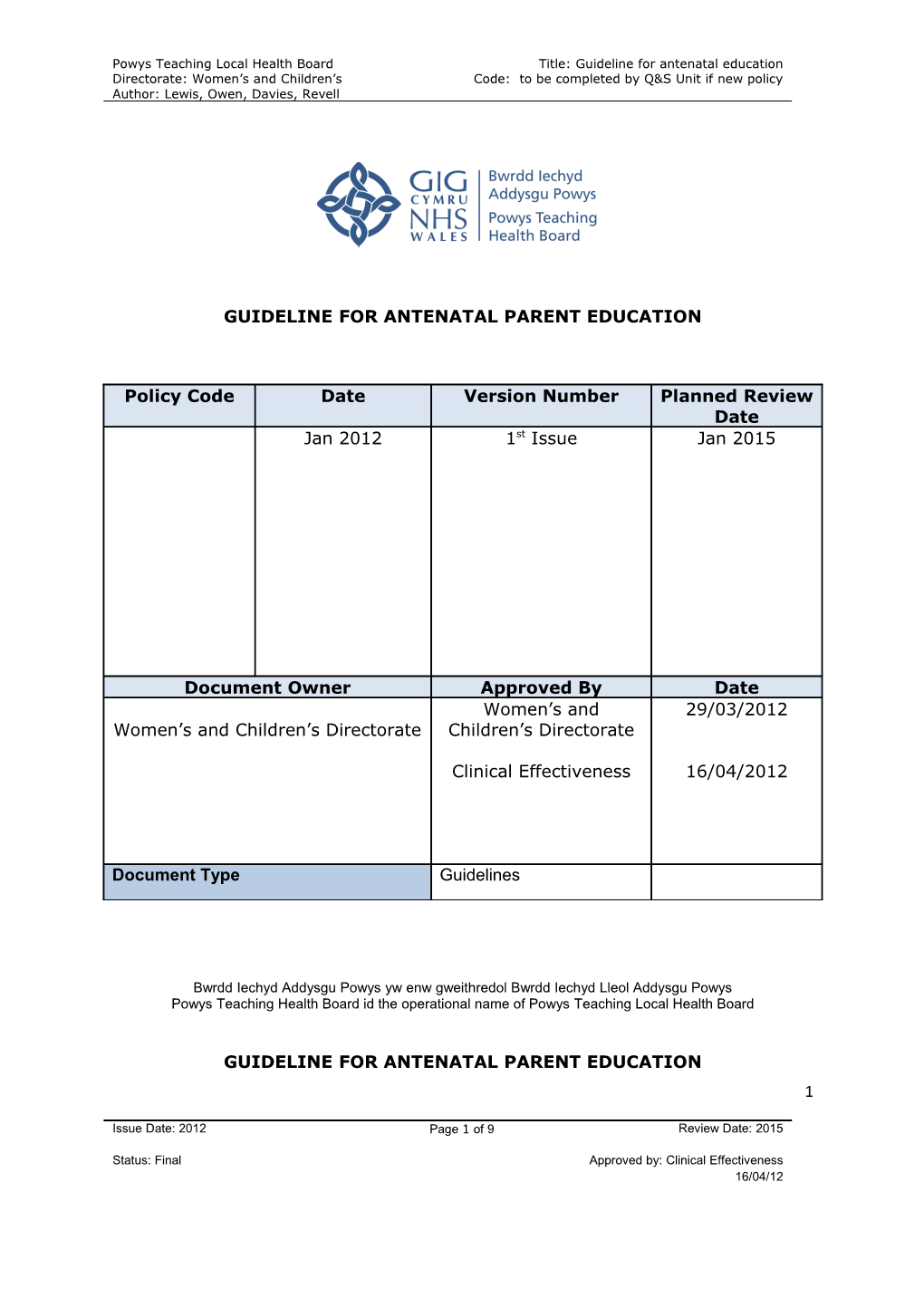 Guideline for Antenatal Parent Education