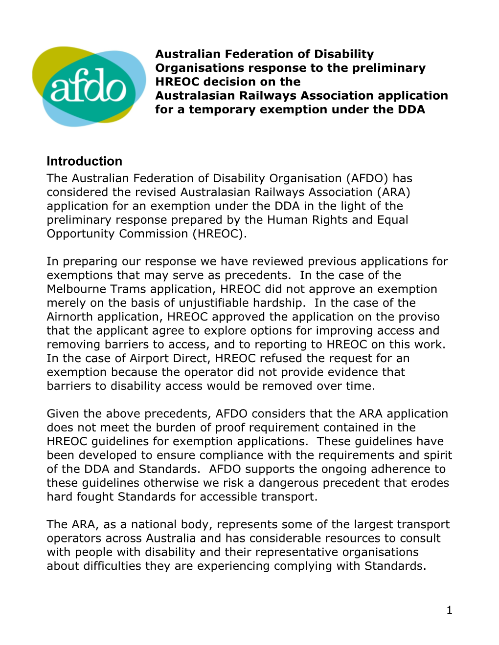 Australian Federation of Disability Organisations Response to the Preliminary HREOC Decision