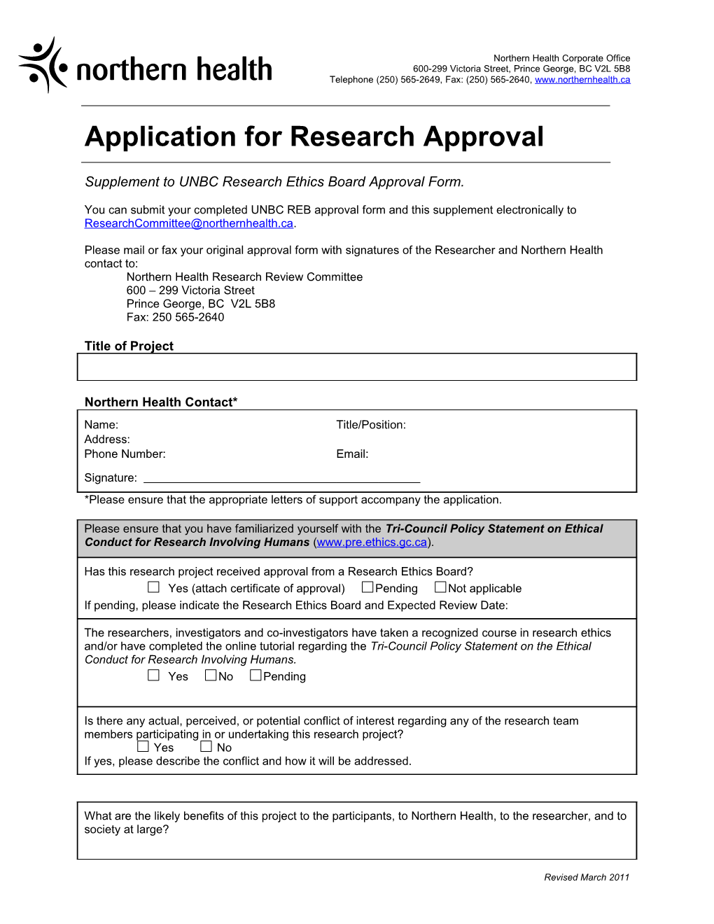 Northern Health Application for Research Approval UNBC REB Approval Form Supplementpage 1