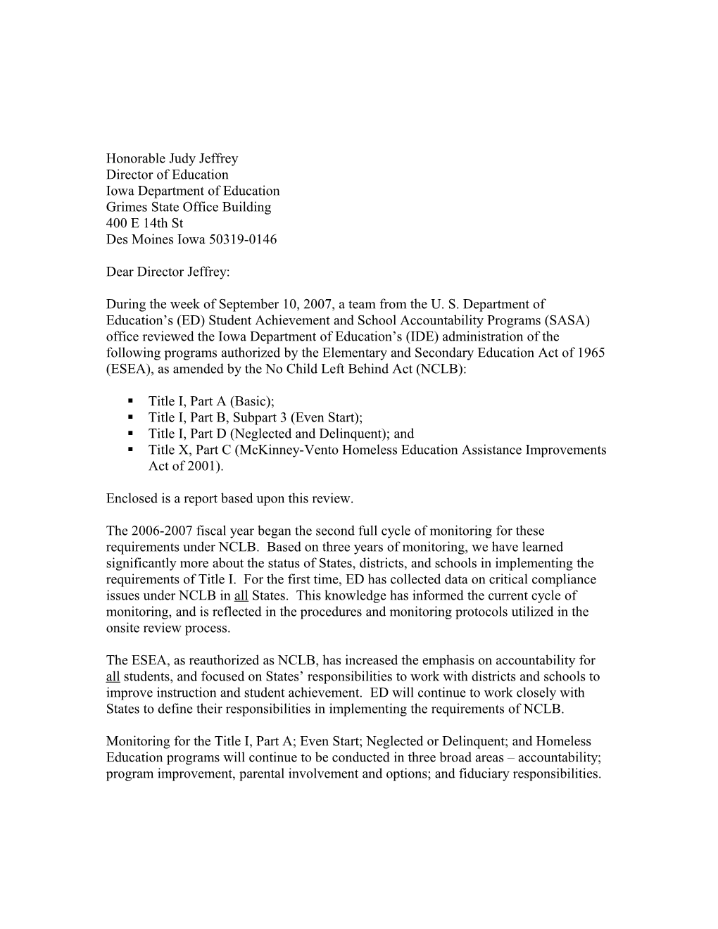 Iowa Department of Education Letter Re Monitoring Review Report (MS WORD)