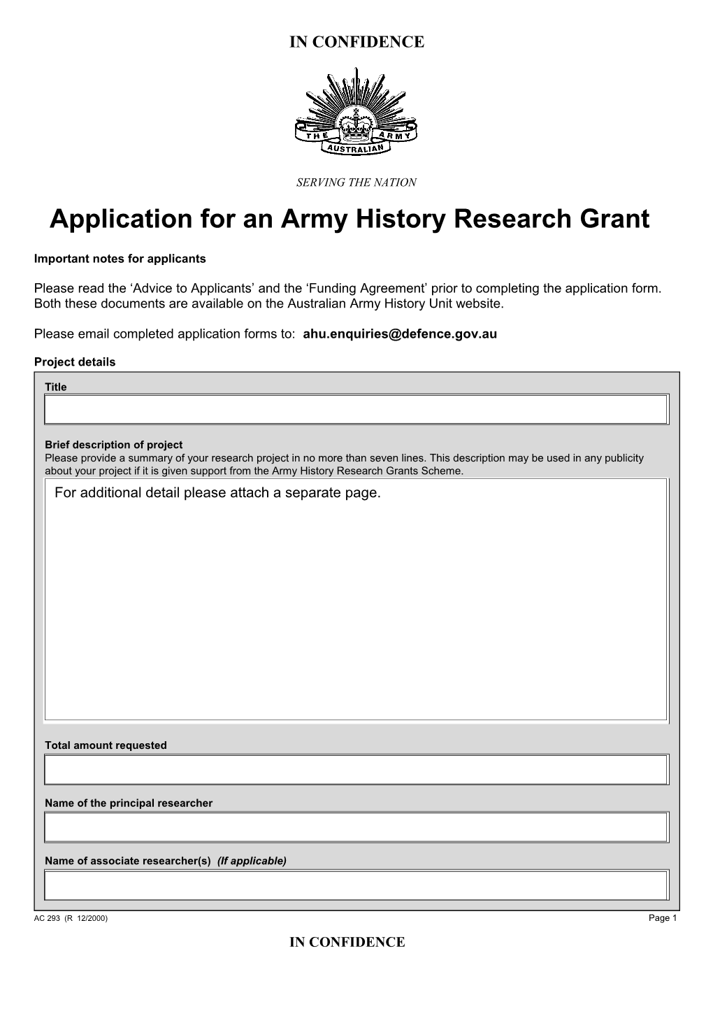 Application for an Army History Research Grant