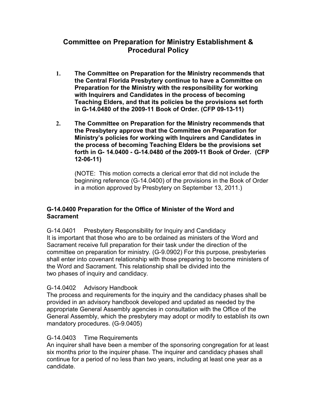 Committee on Preparation for Ministry Establishment & Procedural Policy