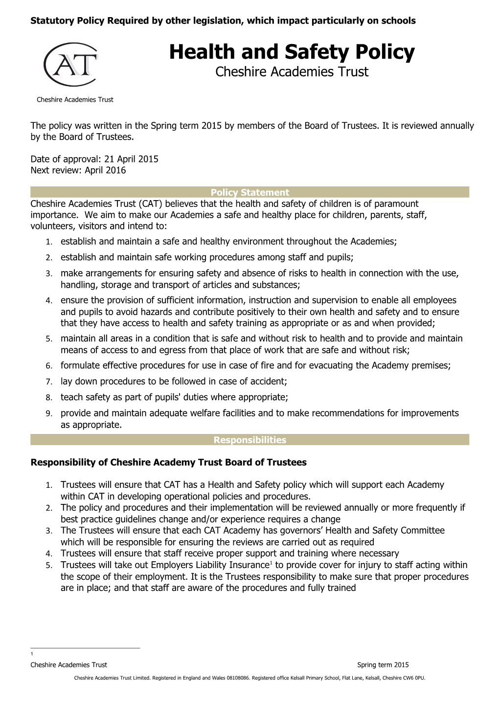 Statutory Policy Required by Other Legislation, Which Impact Particularly on Schools