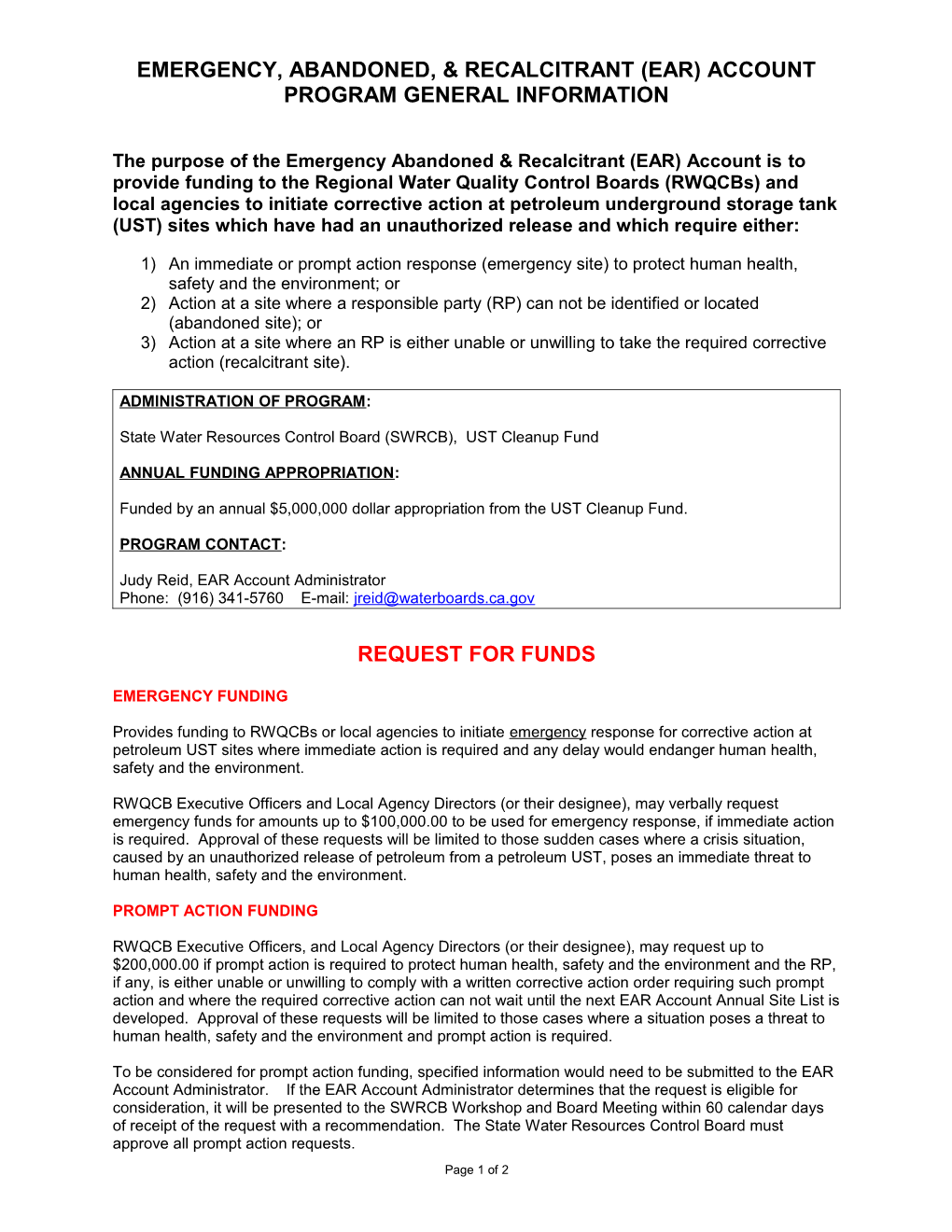 Emergency, Abandoned,& Recalcitrant (Ear) Account Program General Information