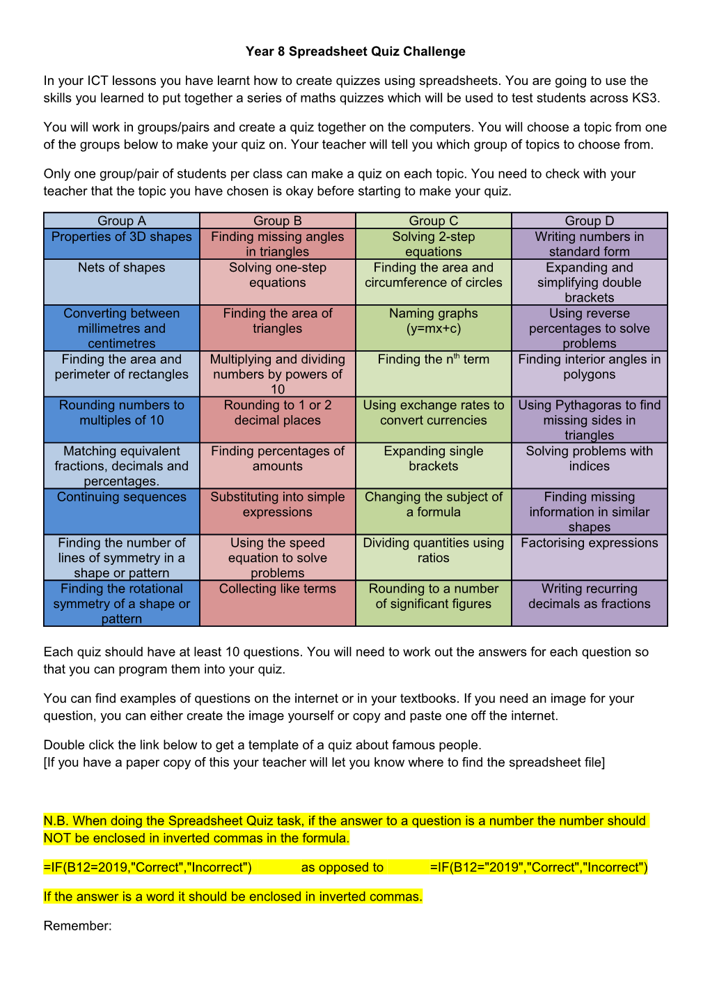 Year 8 Spreadsheet Quiz Challenge