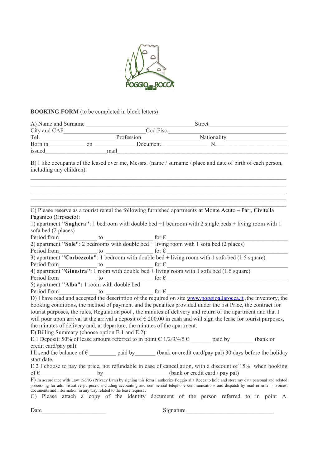 BOOKING FORM (To Be Completed in Block Letters)