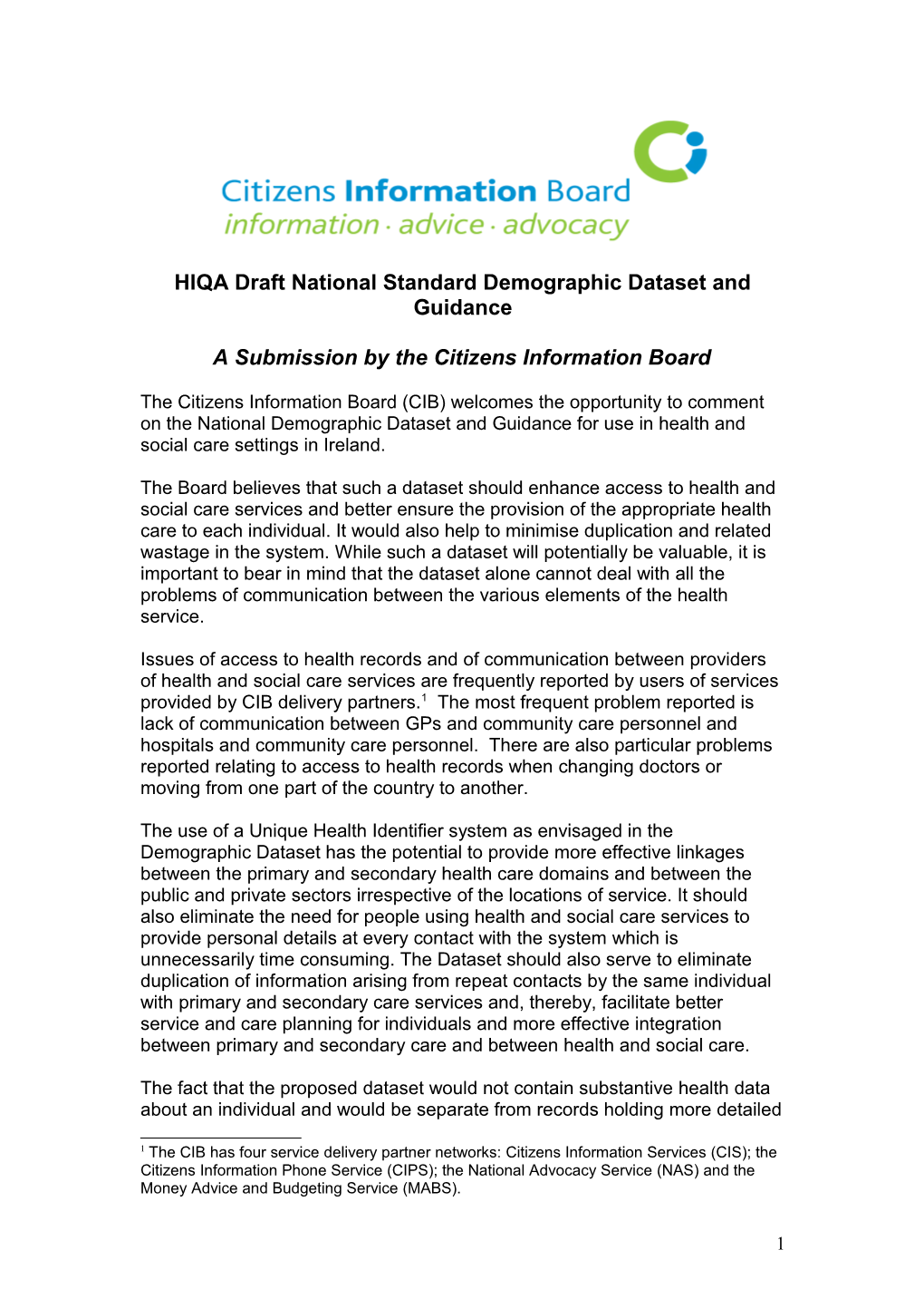 HIQA Draft National Standard Demographic Dataset and Guidance