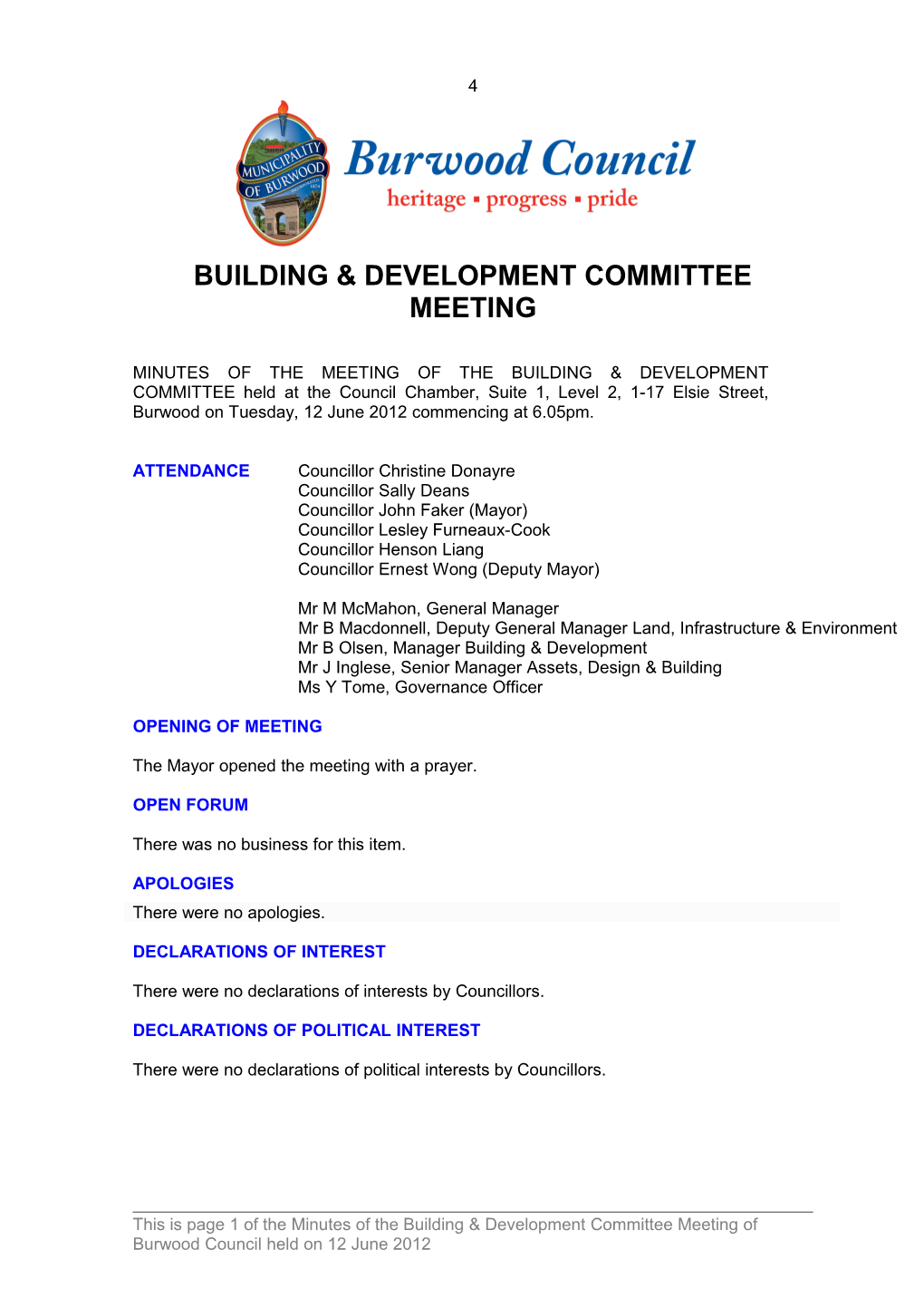 Pro-Forma Minutes of Building & Development Committee Meeting - 12 June 2012