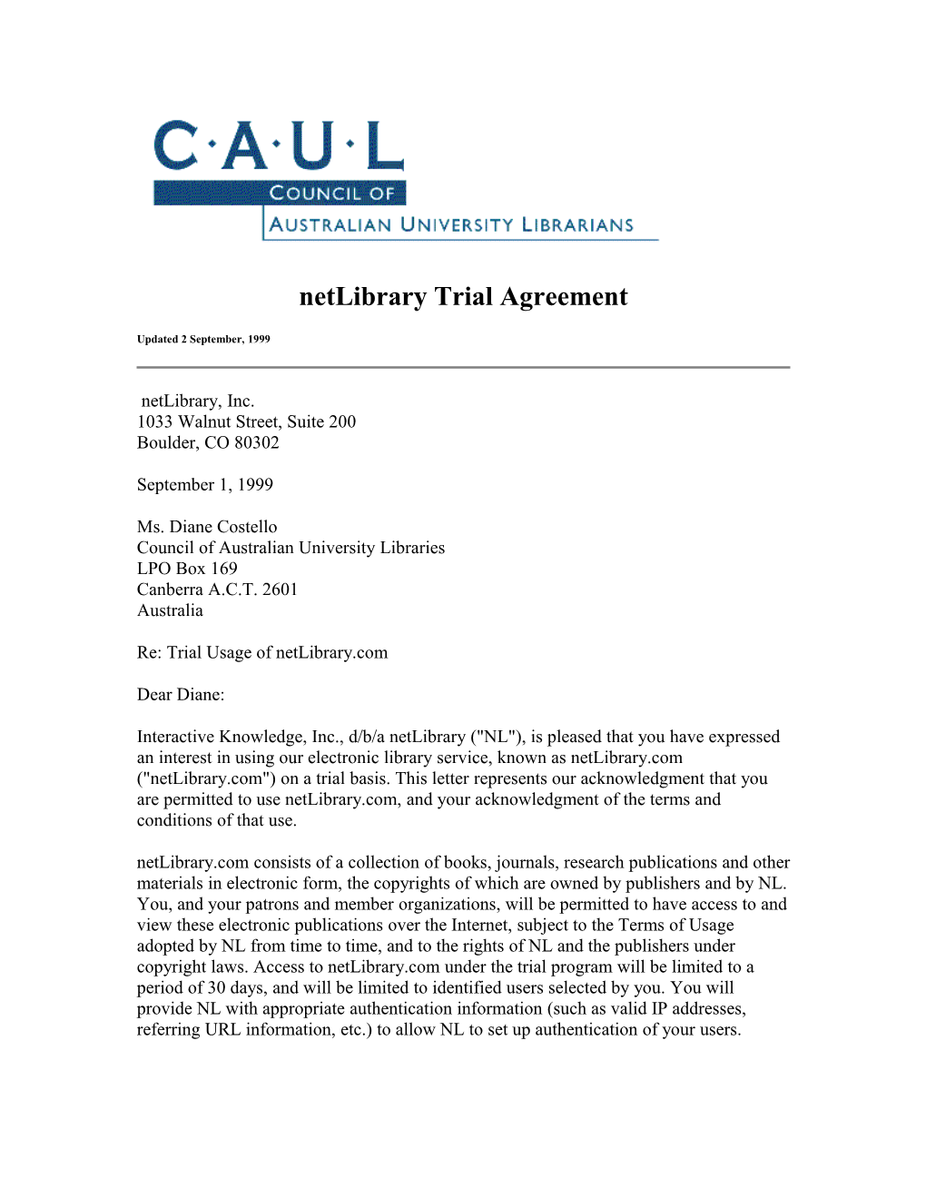 Netlibrary Trial Agreement