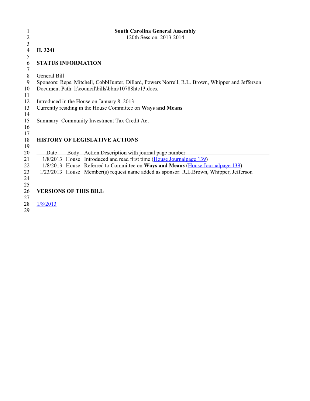 2013-2014 Bill 3241: Community Investment Tax Credit Act - South Carolina Legislature Online