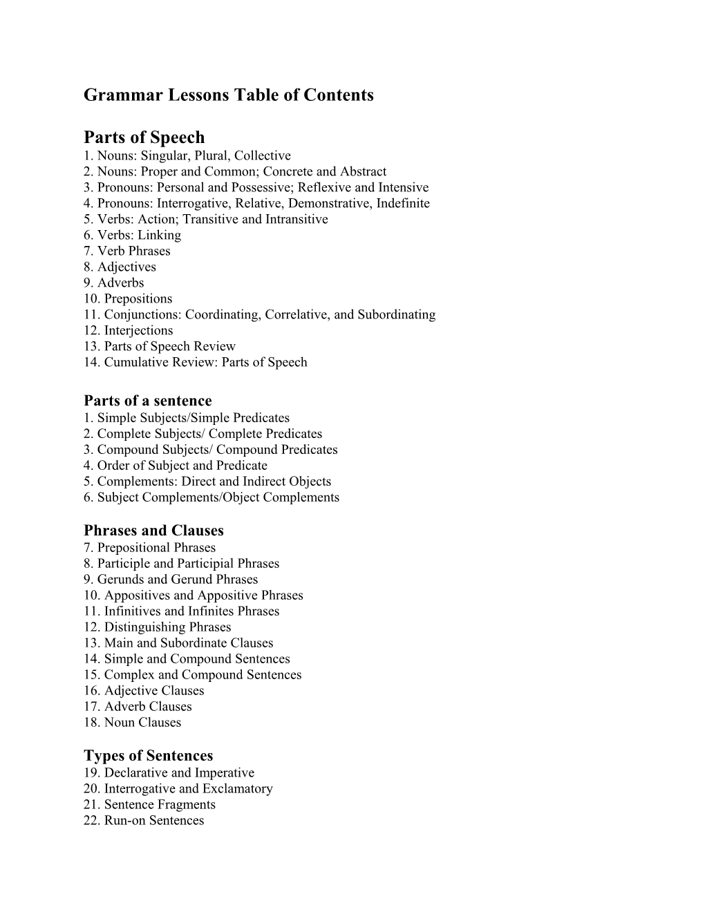 Grammar Lessons Table of Contents