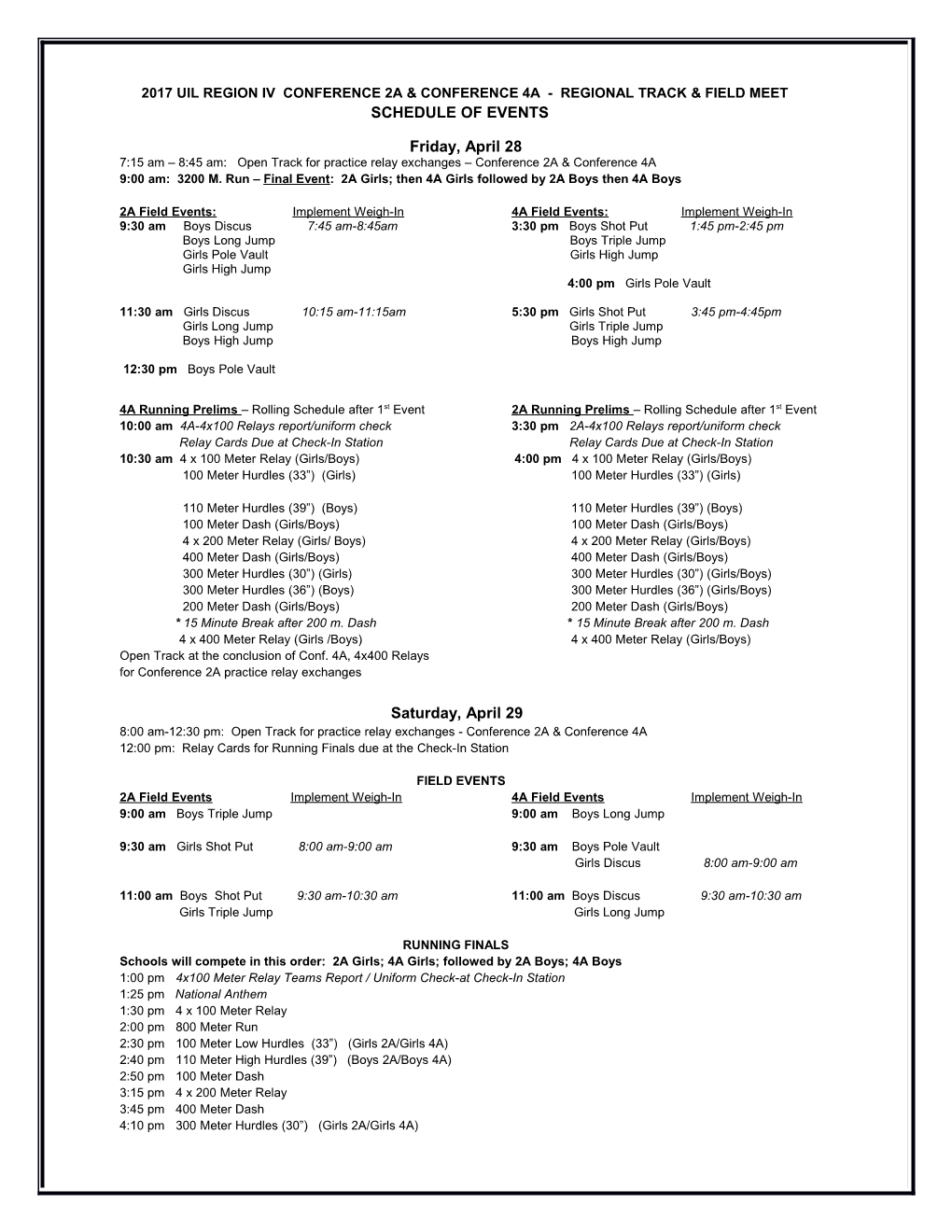 2017 Uil Region Iv Conference 2A & Conference 4A - Regional Track & Field Meet