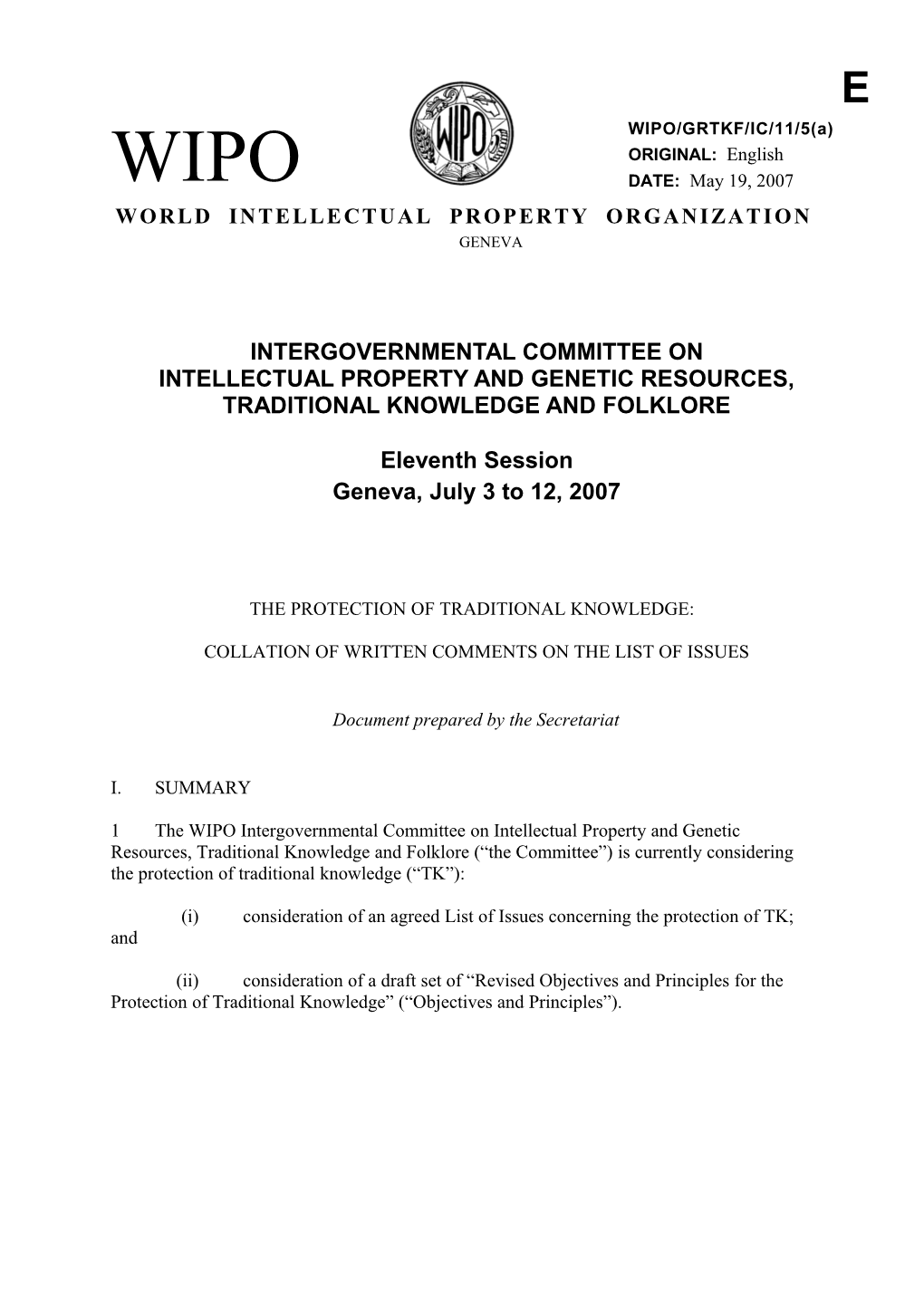WIPO/GRTKF/IC/11/5(A): the Protection of Traditional Knowledge: Collation of Written Comments